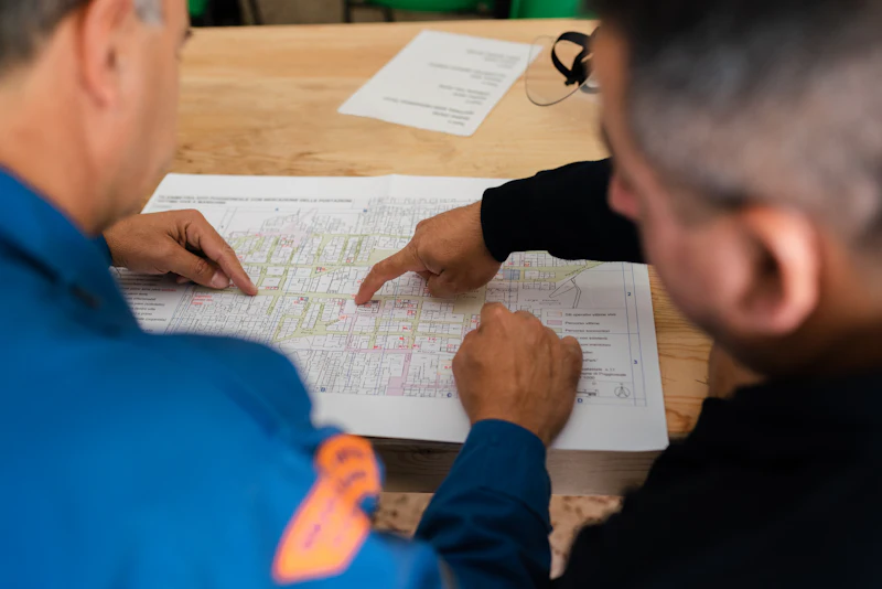 Zwei Kollegen besprechen einen ausgedruckten Plan
